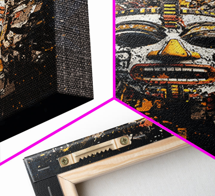 Aztec Feather Headdress Gold Canvas Print, Ornate Tribal Face Artwork, Mythic Wall Decor, Real Wood Frame