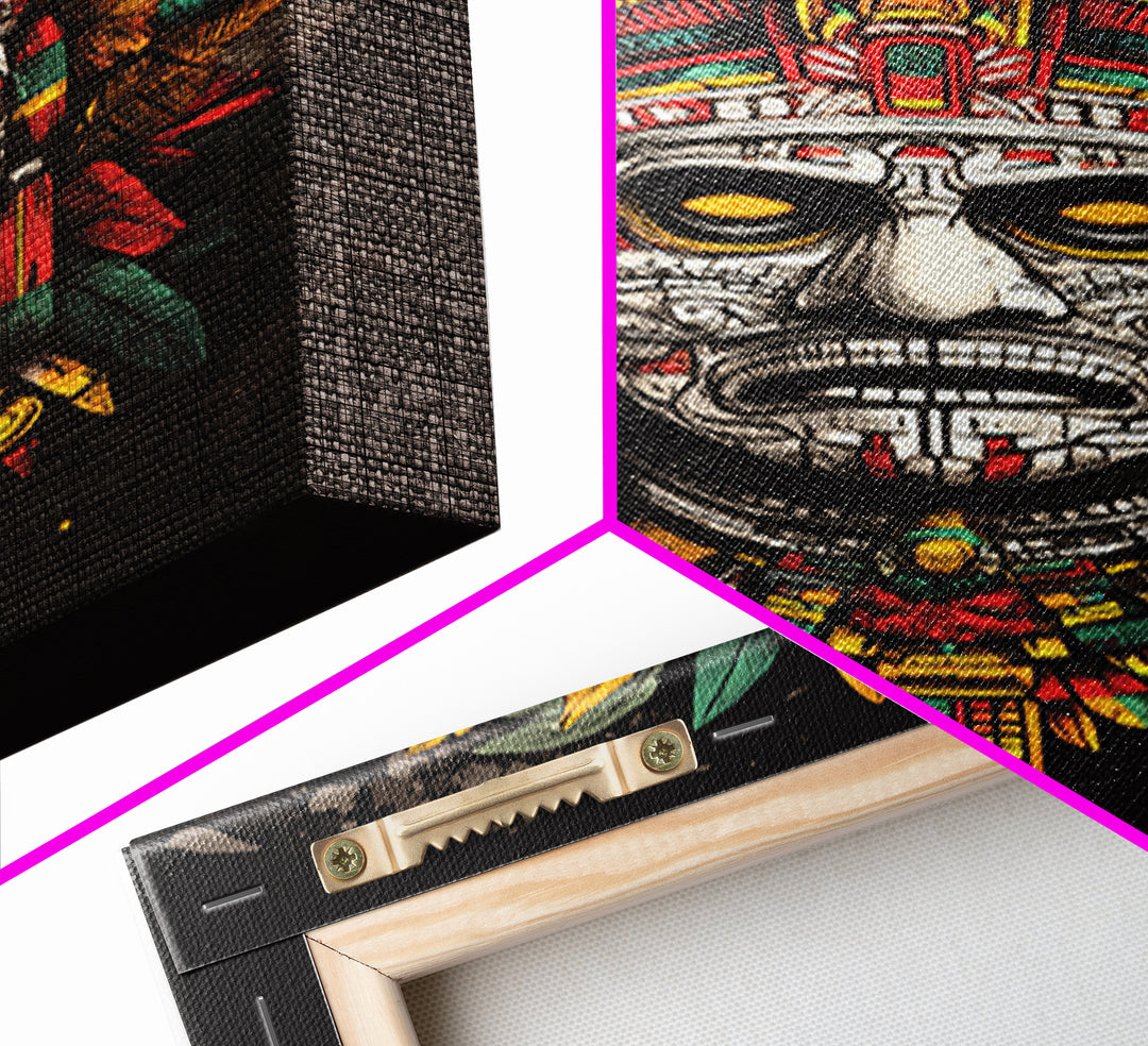 Aztec Sun God Mask Gold Canvas Print, Ornate Tribal Face Artwork, Ancient Mythic Wall Hanging Decor, Real Wood Frame