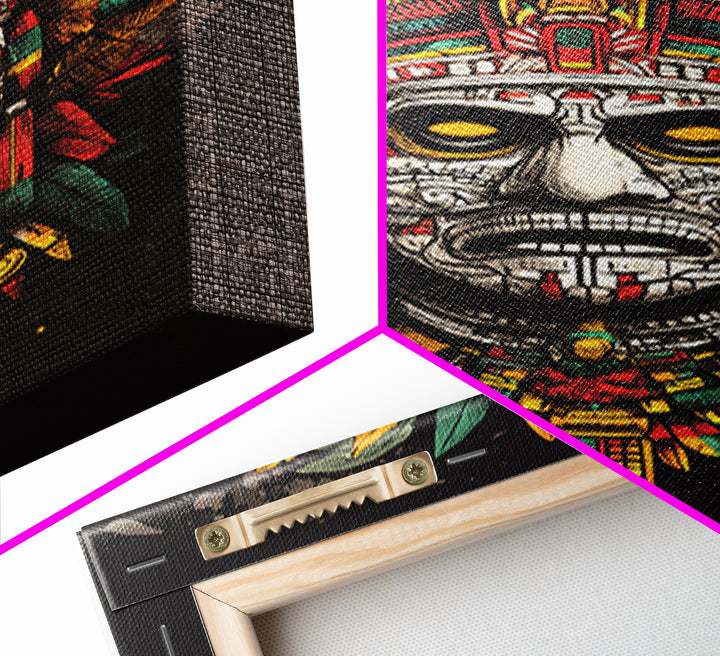 Aztec Sun God Mask Gold Canvas Print, Ornate Tribal Face Artwork, Ancient Mythic Wall Hanging Decor, Real Wood Frame