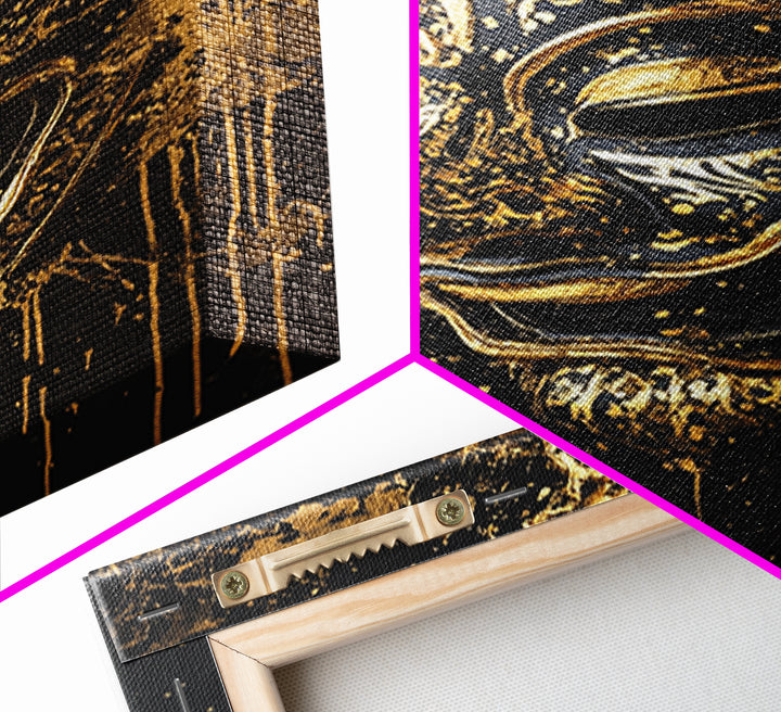 Traditional Mask Gold Canvas Art, Intricate Wall Art, Cultural Spirit Artwork, Real Wood Frame, Unique Splatter Pattern Home Decor