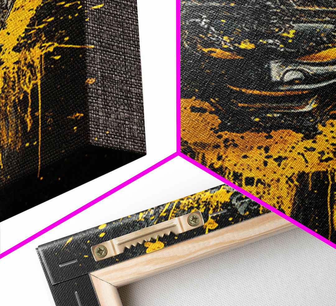 Tribal Mask Gold Canvas Print, Modern Splatter Art, Cultural Wall Decor, Bold Tribal Artwork, Real Wood Framed