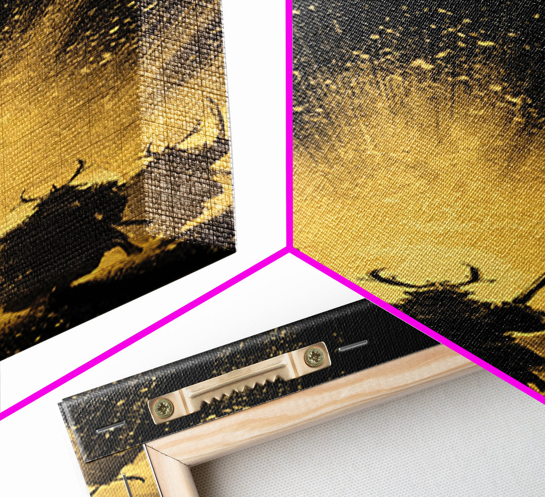 Norse Mythology Canvas Gold Art of Einherjar Warriors, Viking Canvas Art for Dad Gift or Office Art, Nordic Battle Scene Framed in Natural Wood