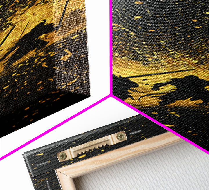 Viking Warriors Canvas Gold Art, Norse Mythology Canvas Art Depicting Heroic Einherjar, Man Cave and Office Wall Decor with Real Wood Framing
