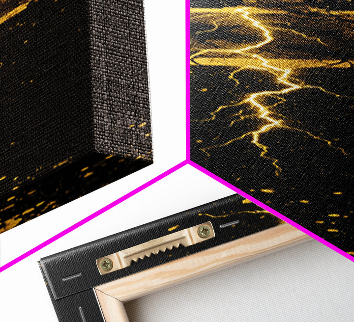 Thor’s Hammer Mjolnir Canvas Gold Art, Viking Canvas Art Norse Mythology Wall Decor, Office or Man Cave Artwork in Real Wood Frame
