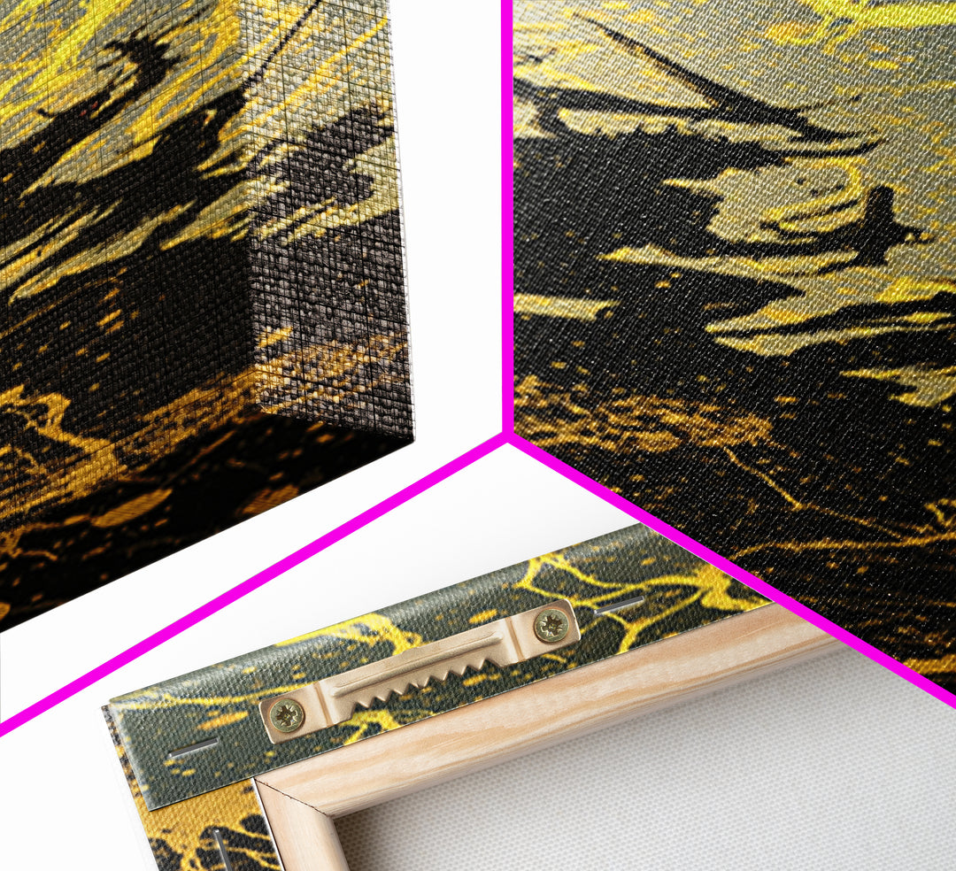 Ragnarok Canvas Gold Art, Viking Canvas Art Epic Norse Mythology Battle Scene, Nordic Warrior Office Wall Decor Framed in Natural Wood