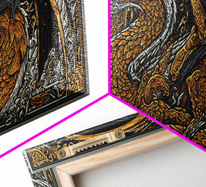 Nidhogg Dragon Canvas Gold Art Canvas Art Norse Mythology Wall Decor with Real Wood Frame, Viking Man Cave or Office Gift