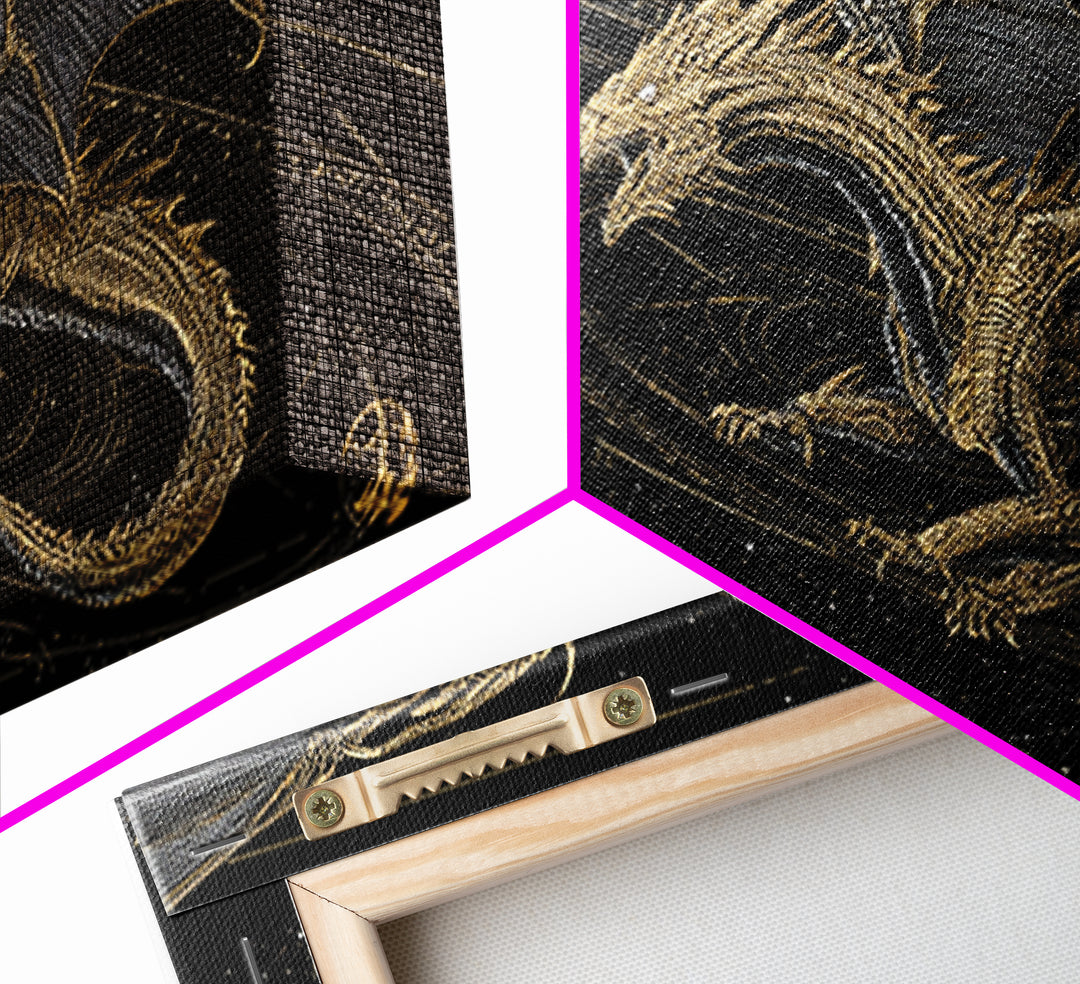 Cosmic Norse Dragon Canvas Gold Art Canvas Art Wall Decor, Nordic Mythology Gift for Office or Man Cave, Natural Wood Frame