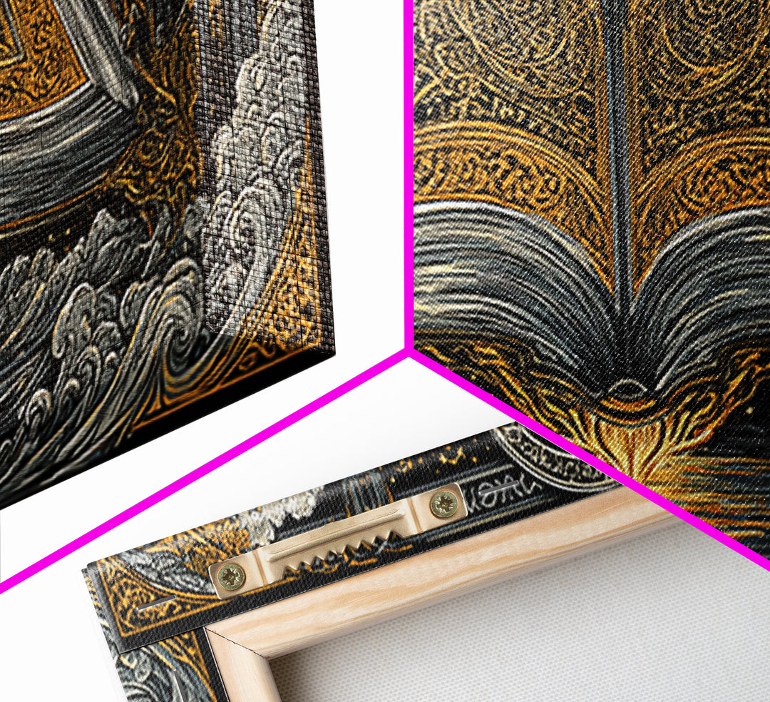 Poetic Edda Book Canvas Gold Art Canvas Art Norse Mythology Wall Decor with Real Wood Frame, Viking Office or Dad Gift Artwork