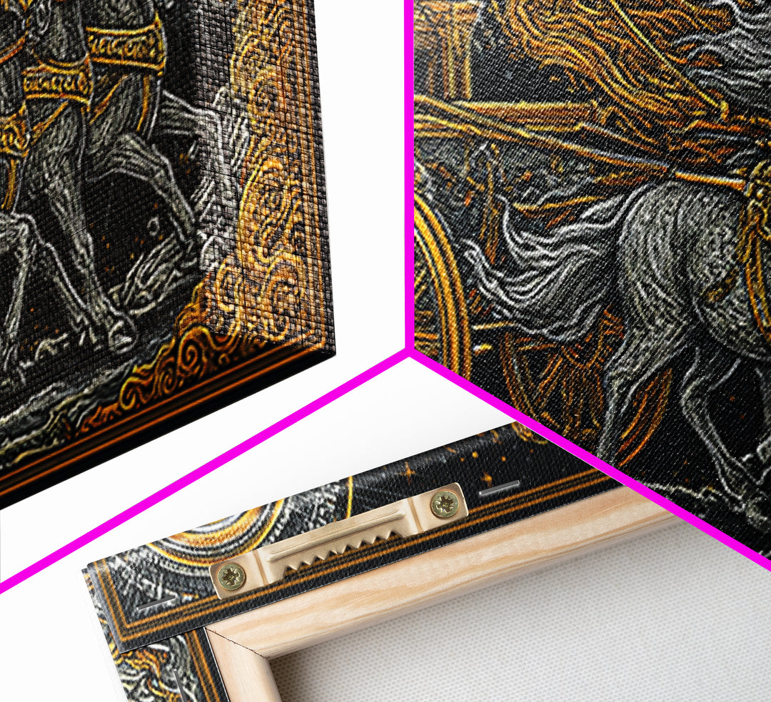 Chariot of Sol Norse Canvas Gold Art, Nordic Mythology Canvas Art Wall Hanging, Viking Decor for Office or Dad Gift, framed in wood