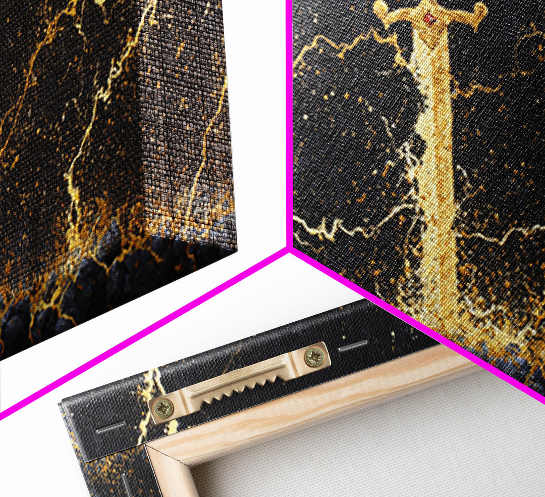 Excalibur Sword Canvas Gold Art, Norse Inspired Canvas Art Wall Decor, Mythology Office Art with wood frame, gift for men’s man cave