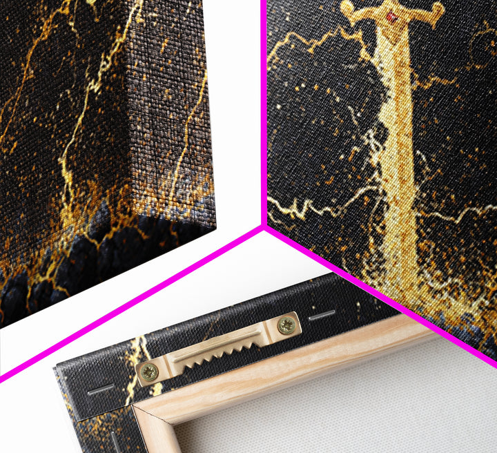 Excalibur Sword Canvas Gold Art, Norse Inspired Canvas Art Wall Decor, Mythology Office Art with wood frame, gift for men’s man cave