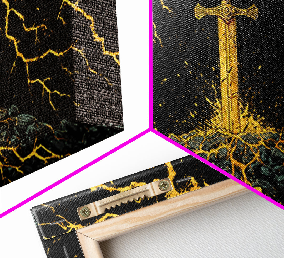 Lightning Sword Canvas Gold Art, Norse Mythology Canvas Art Wall Decor, Viking Warrior Office Art with natural wood frame, dad gift