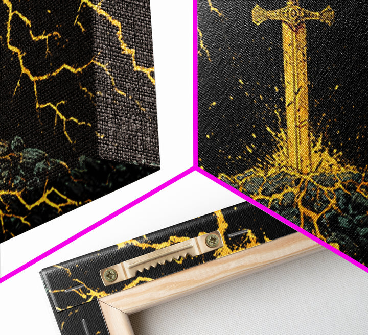 Lightning Sword Canvas Gold Art, Norse Mythology Canvas Art Wall Decor, Viking Warrior Office Art with natural wood frame, dad gift