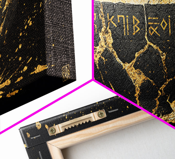 Viking Rune Bowl Canvas Gold Art, Nordic Mythology Canvas Art with Real Wood Frame, Unique Office Wall Decor, Man Cave Gift