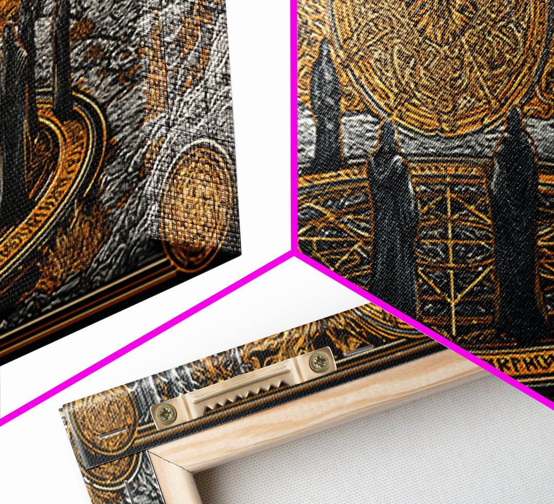 Nordic Ritual Circle Canvas Gold Art, Mythology Inspired Canvas Art, Mystical Office Wall Decor with Real Wood Framing