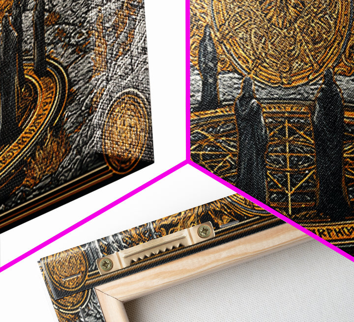 Nordic Ritual Circle Canvas Gold Art, Mythology Inspired Canvas Art, Mystical Office Wall Decor with Real Wood Framing