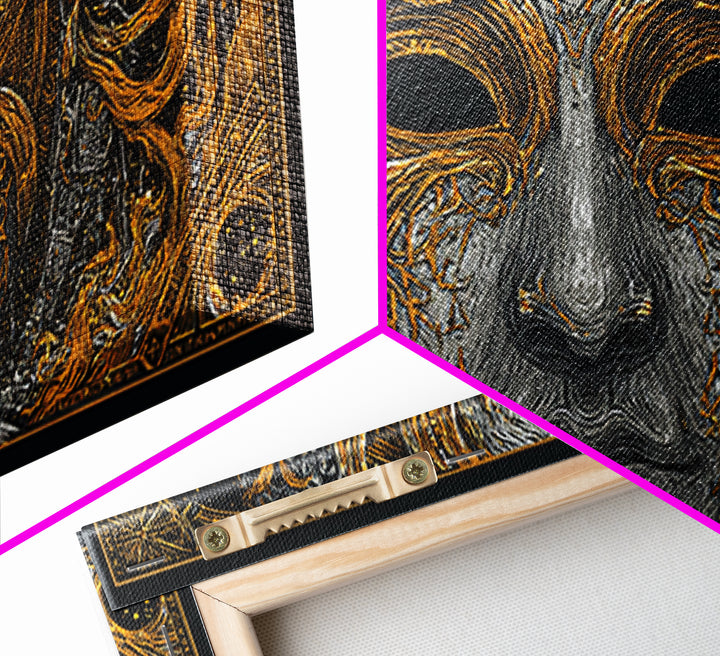 Odin’s Face Canvas Gold Art, Norse Mythology Inspired Canvas Art, Nordic Office Decor Framed in Natural Wood for Man Cave