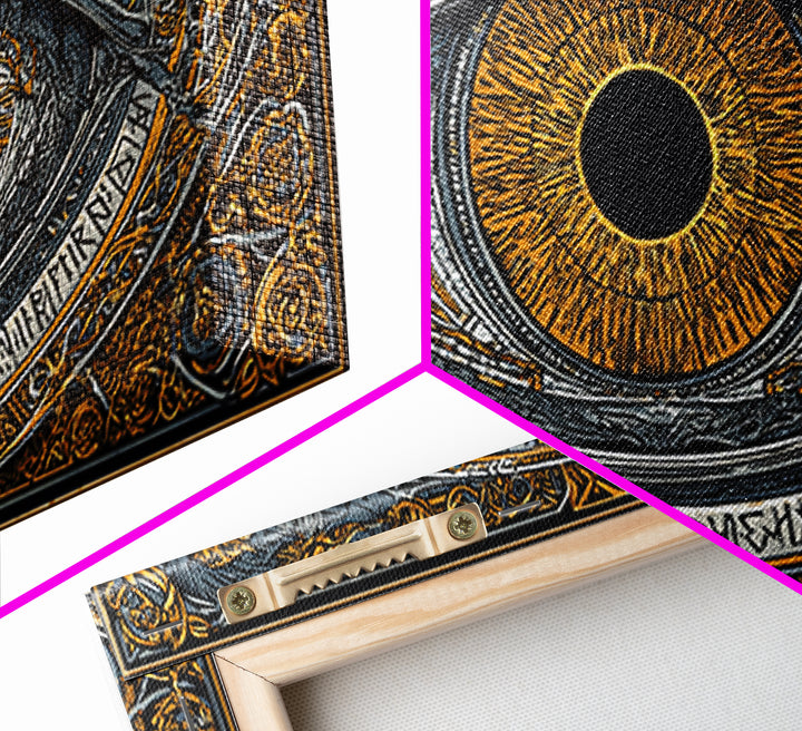 Odin’s Eye Canvas Gold Art Nordic Canvas Art Norse Mythology Wall Decor framed in natural wood, Man Cave Gift, Office Art