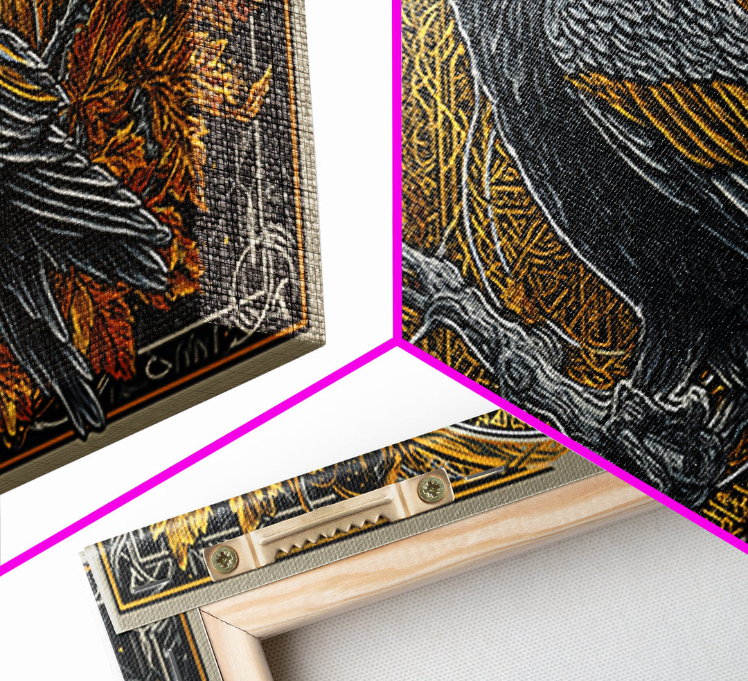 Norse Raven Perched Canvas Gold Art Canvas Art with Runes and Autumn Leaves, Framed in Real Wood, Viking Office or Man Cave