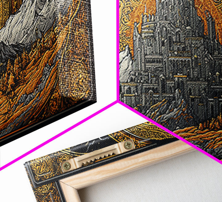 Asgard Fortress Canvas Gold Art Norse Mythology Canvas Art Nordic Wall Hanging framed in natural wood, Viking Decor Office