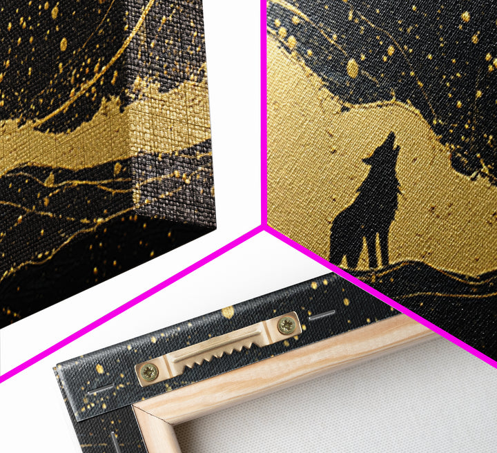 Howling Wolves Canvas Gold Art Norse Canvas Art Nordic Mythology Wall Decor with real wood frame, Man Cave Accent, Office Art
