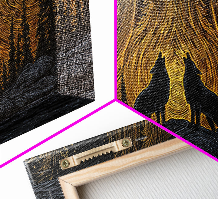 Fenrir Wolves Canvas Gold Art Norse Mythology Canvas Art Nordic Wall Hanging framed in wood, Dad Gift, Viking Decor for Office