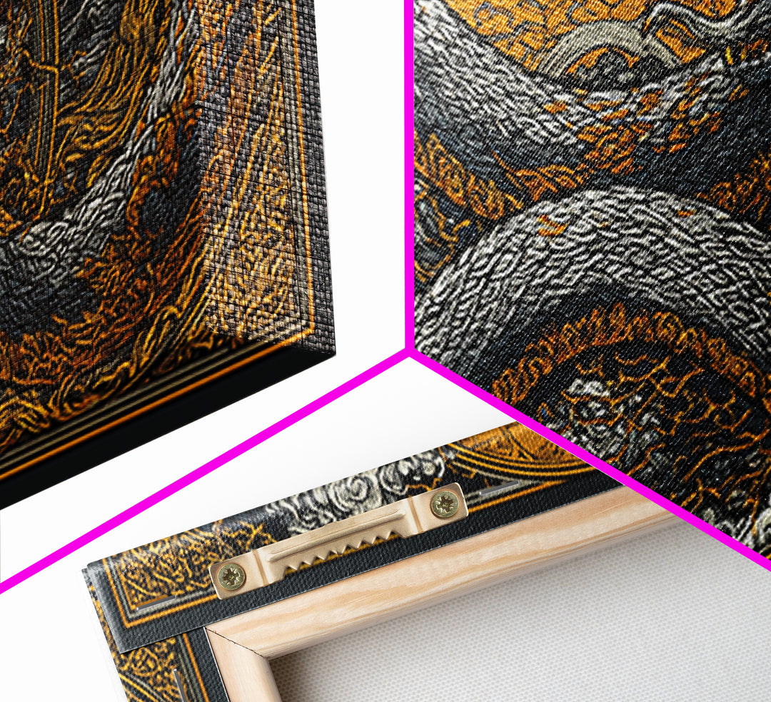 Midgard Serpent Canvas Gold Art Norse Mythology Canvas Art Nordic Wall Hanging framed in natural wood, Office Accent, Dad Gift