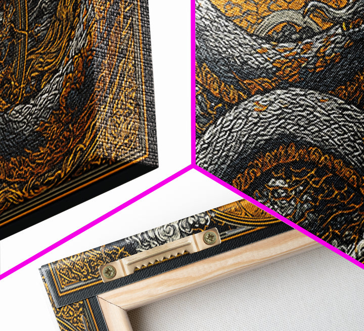 Midgard Serpent Canvas Gold Art Norse Mythology Canvas Art Nordic Wall Hanging framed in natural wood, Office Accent, Dad Gift