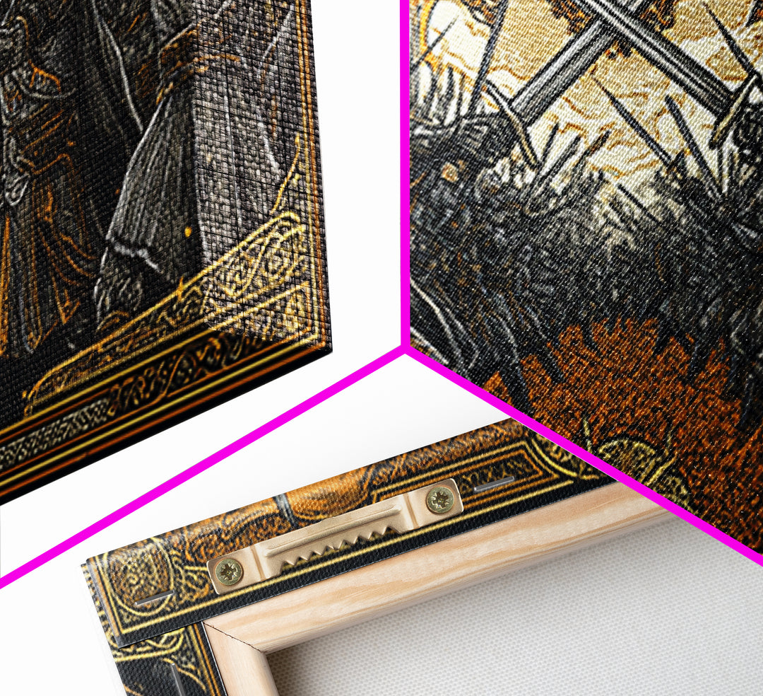 Viking Battle Canvas Gold Art Canvas Art Norse Warriors Mythology Wall Decor Office Art Man Cave Gift framed in natural wood