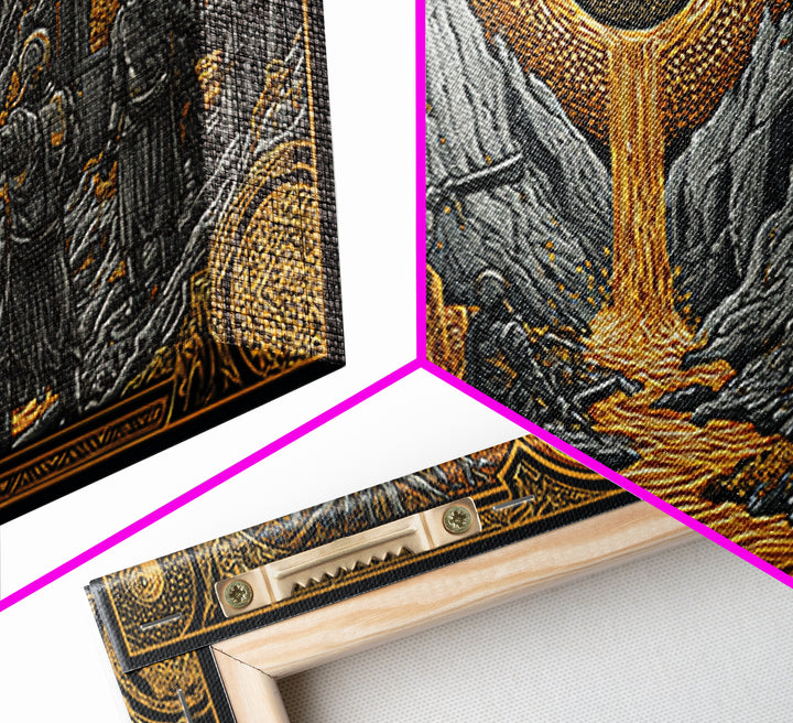 Dwarves Forging Canvas Gold Art Canvas Art Norse Mythology Viking Blacksmiths Wall Decor Office or Man Cave framed in wood