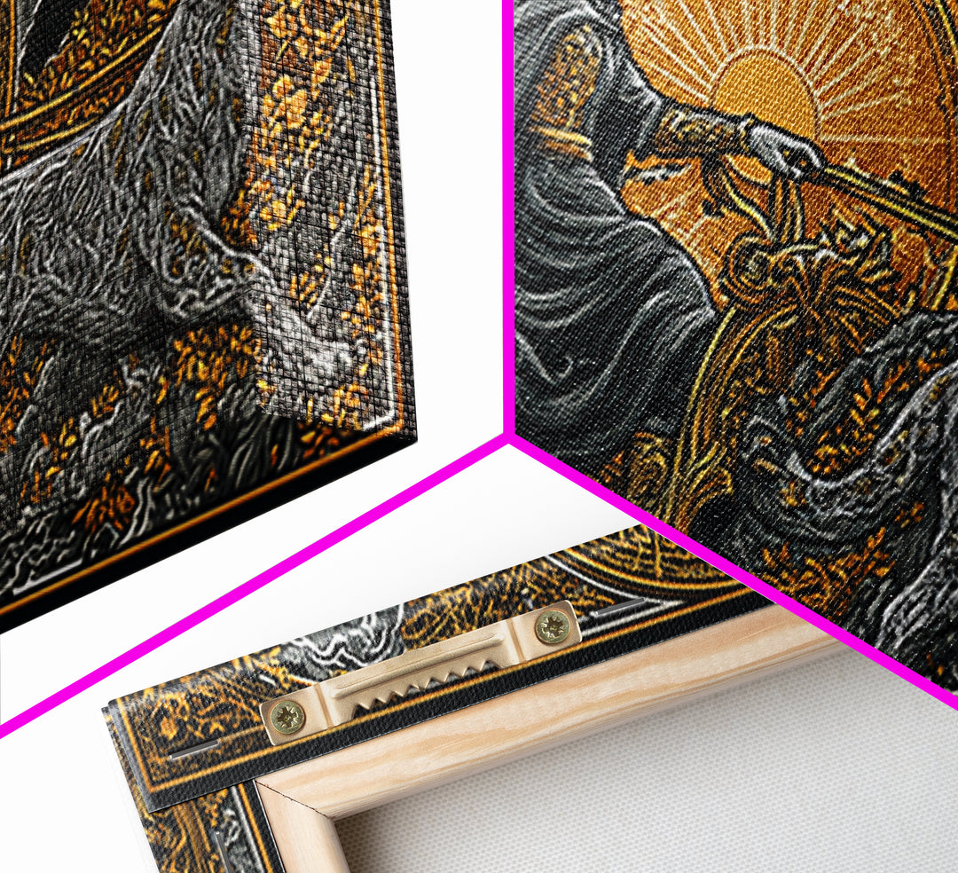 Freyja Canvas Gold Art Canvas Art Norse Goddess Viking Mythology Wall Decor Man Cave or Office Art framed in natural wood