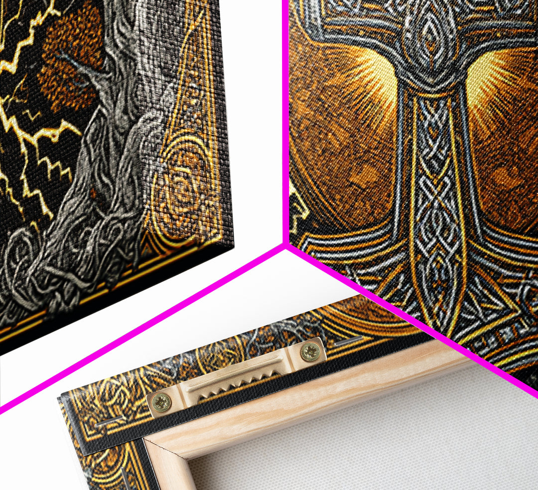 Mjolnir Norse Hammer Canvas Gold Art Canvas Art Viking Symbol Wall Art for Man Cave Office or Dad Gift in handcrafted real wood frame