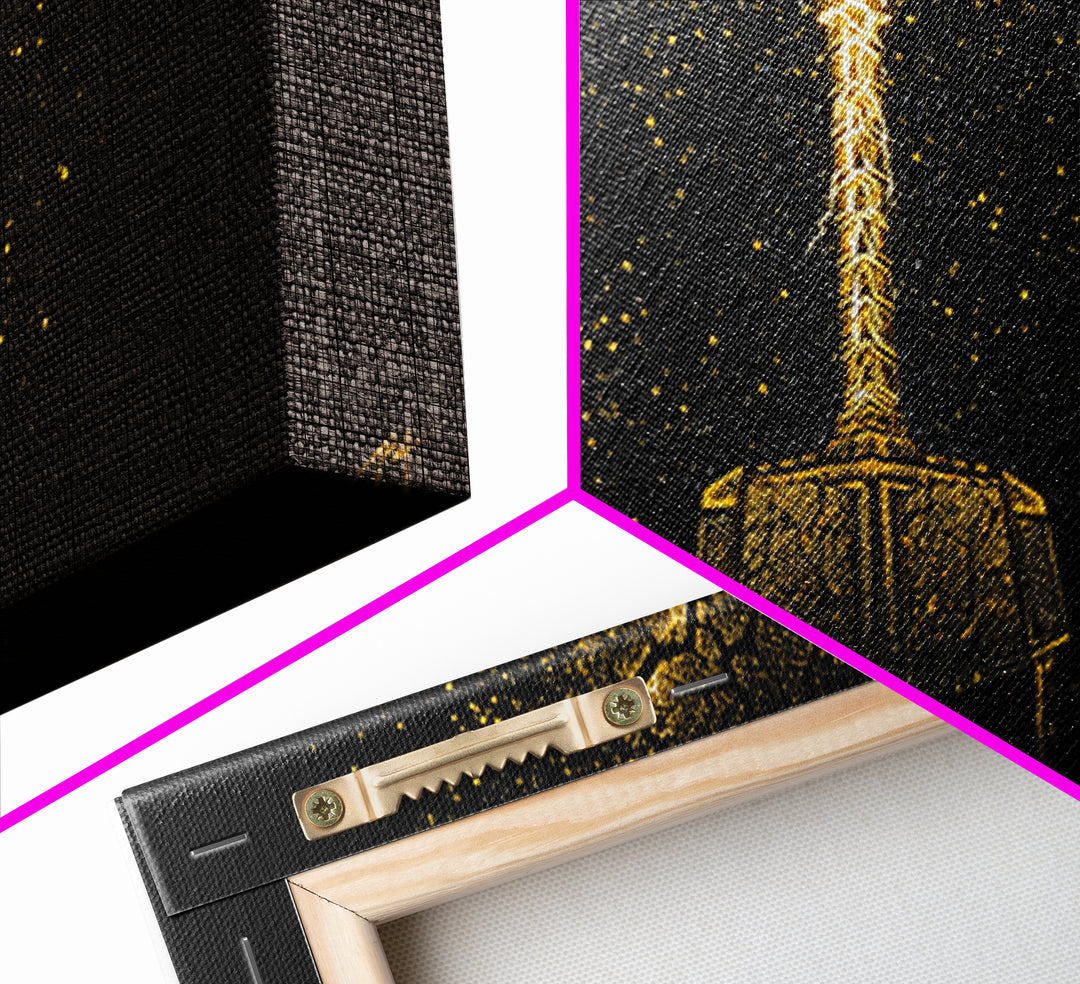Thor’s Mjolnir Hammer Canvas Gold Art Canvas Art Nordic Wall Art Viking Decor Mythology Office Piece framed in premium natural wood