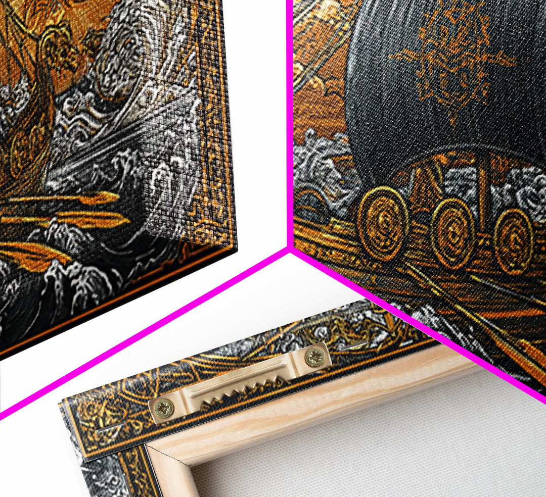Naglfar Norse Longship Canvas Gold Art Canvas Art Viking Ship Wall Decor Nordic Mythology Office or Dad Gift framed with natural wood