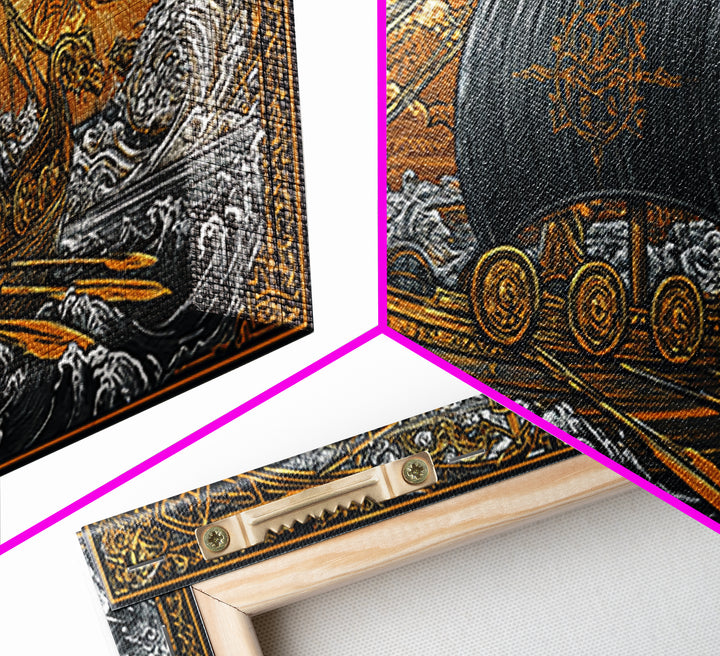 Naglfar Norse Longship Canvas Gold Art Canvas Art Viking Ship Wall Decor Nordic Mythology Office or Dad Gift framed with natural wood