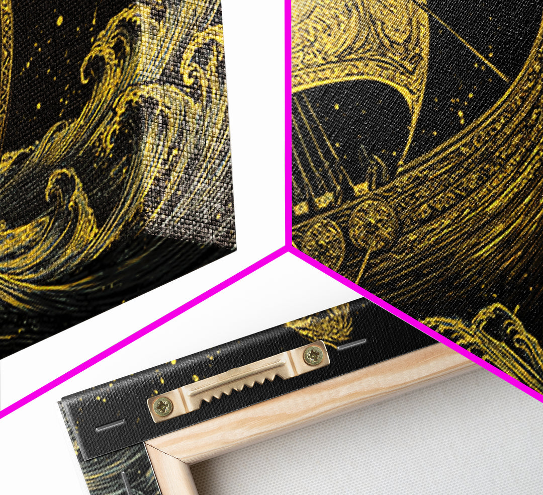 Naglfar Viking Ship Canvas Gold Art Canvas Art Norse Mythology Longship Wall Hanging Decor Office Art Man Cave Gift framed in real wood