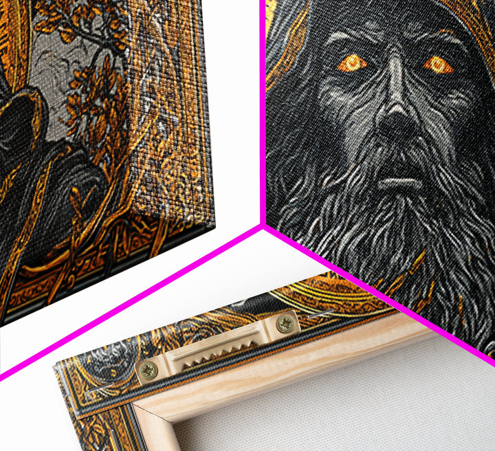 Ragnarok Battle Canvas Gold Art Viking Apocalypse Scene Canvas Art, Norse Mythology Man Cave Art with sturdy real wood frame