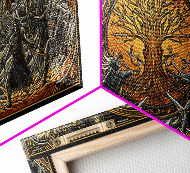 Sköll Wolf Canvas Gold Art Norse Mythology Canvas Art, Viking Wolf Devours the Sun Wall Decor in real wood frame for office