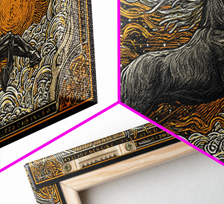 Mythical Sleipnir Canvas Gold Art Wall Decor, Odin’s Eight-Legged Horse Norse Canvas Art with real wood frame, Viking Office Art