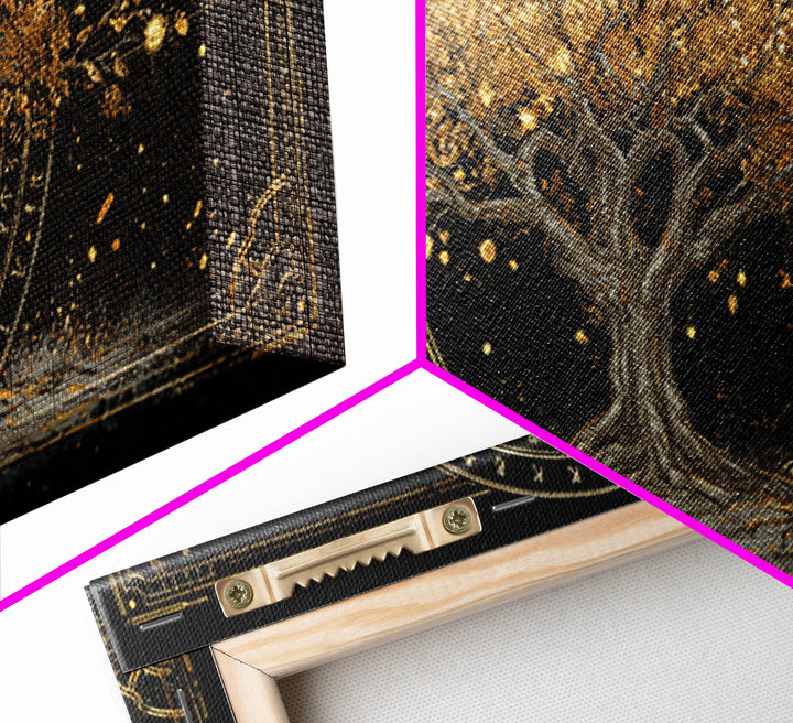 The World Tree Yggdrasil Canvas Gold Art, Norse Mythology Canvas Art for Office, Viking Man Cave Decor, framed in natural wood