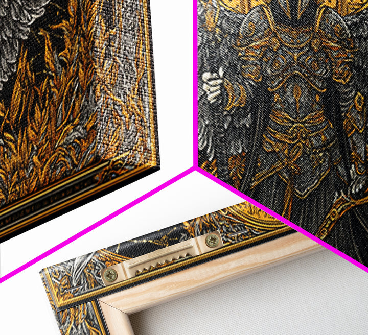 Winged Valkyrie Warrior Canvas Art, Canvas Gold Art Norse Decor, Nordic Mythology Office Art for Men, framed with real wood detail