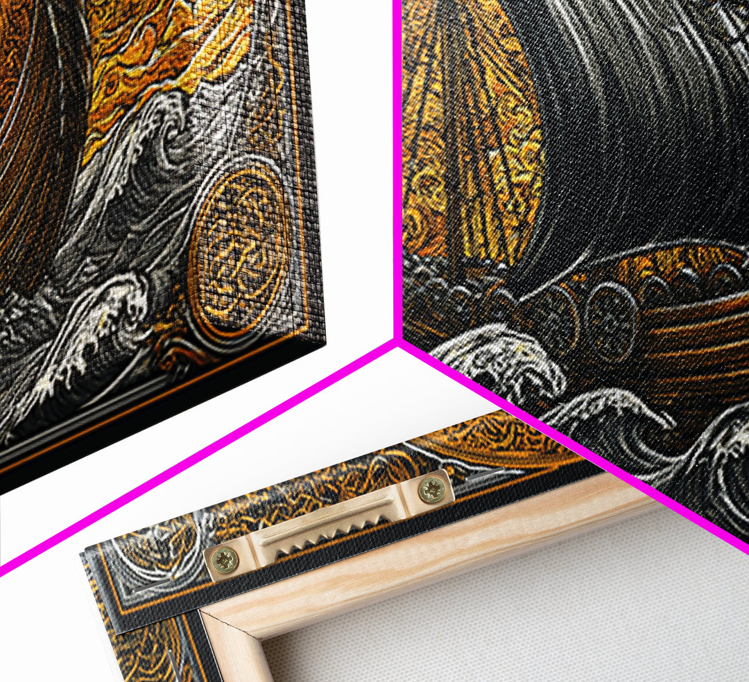 Viking Ship Canvas Gold Art Canvas Art, Norse Longboat Sailing Wall Decor with Real Wood Frame, Nordic Mythology Office Artwork