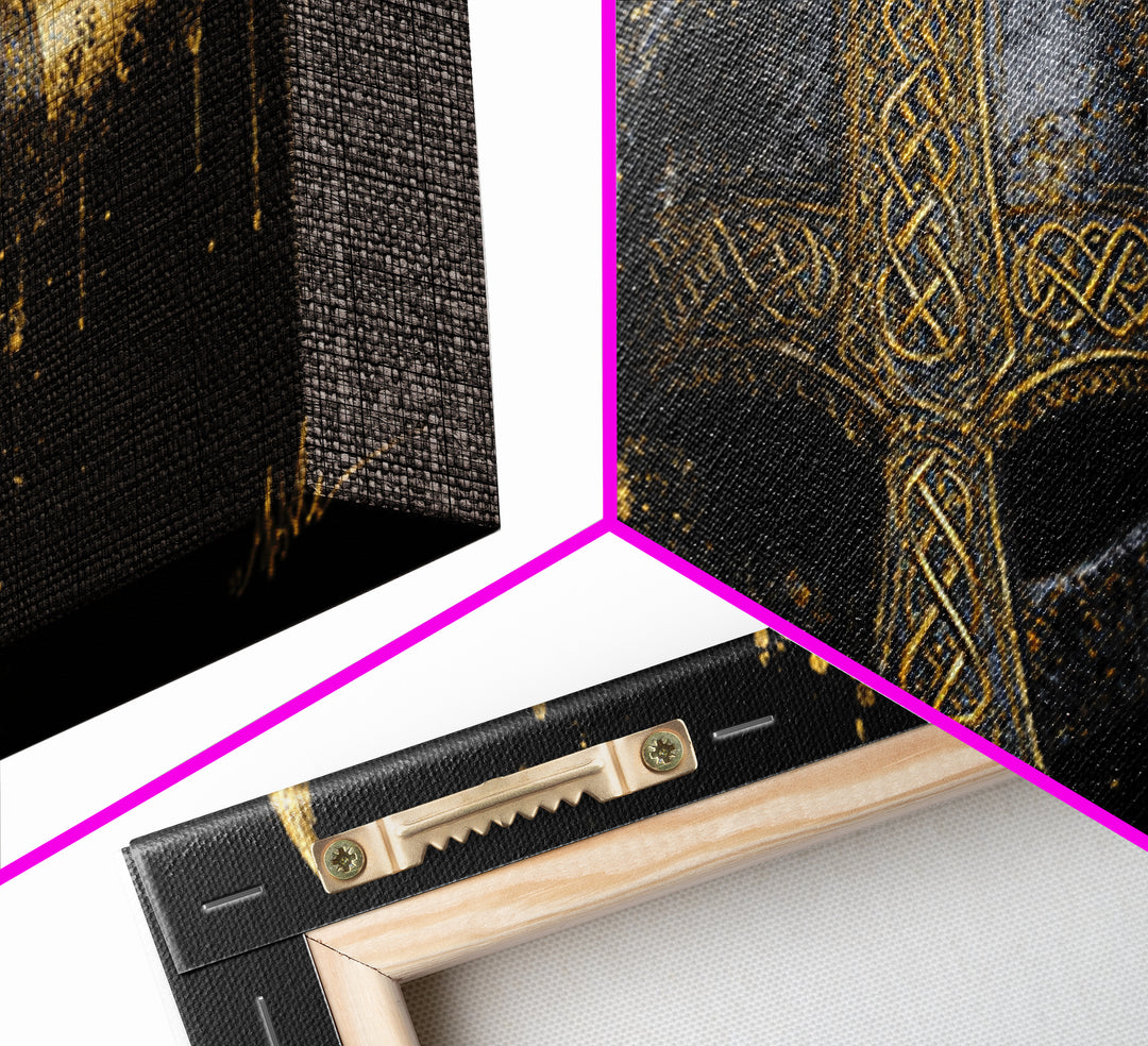 Nordic Valkyrie Canvas Gold Art Canvas Art, Norse Goddess Warrior Silhouette with Wings, Man Cave Wall Art in Real Wood Frame