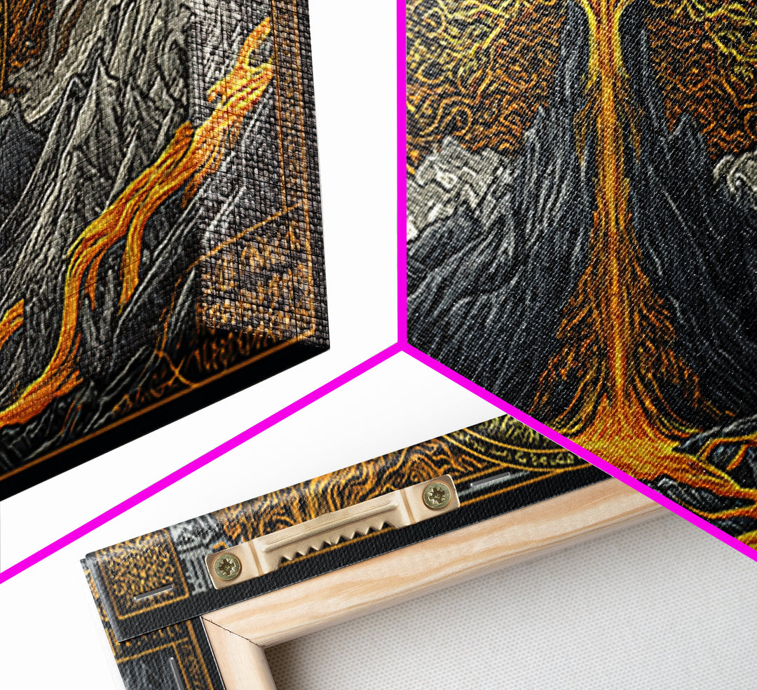 Yggdrasil Canvas Gold Art Canvas Art, Norse World Tree of Life Wall Decor framed in Natural Wood, Nordic Mythology Office Artwork