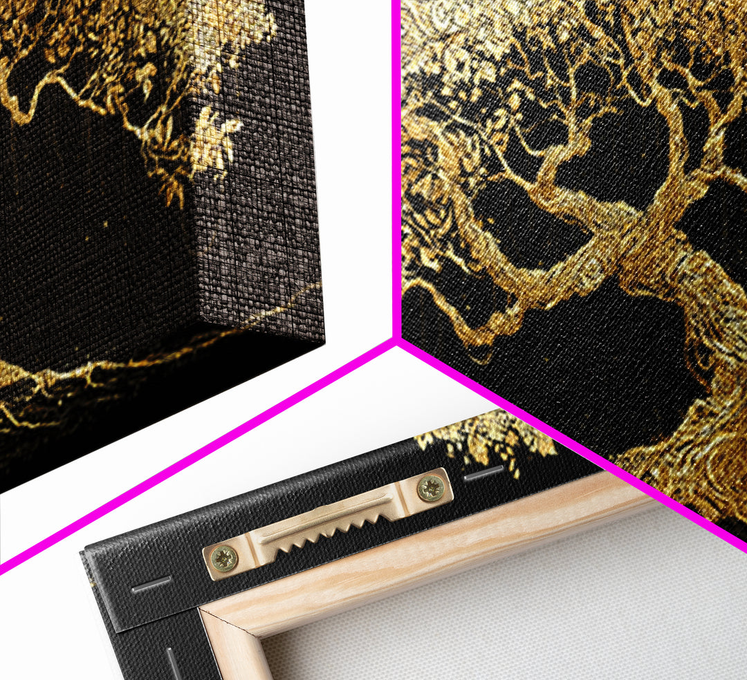 Canvas Art Yggdrasil Canvas Gold Art, Norse Tree of Life Wall Hanging with Real Wood Frame, Nordic Mythology Man Cave or Dad Gift