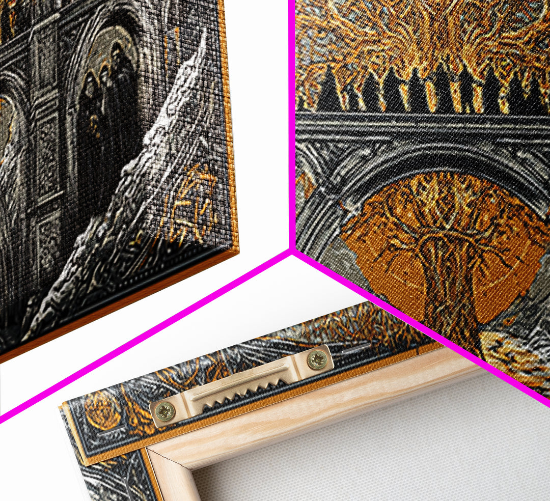 Yggdrasil Bridge Nordic Mythology Wall Decor | Canvas Gold Art Canvas Art | Norse Gods Fantasy Scene framed in real wood