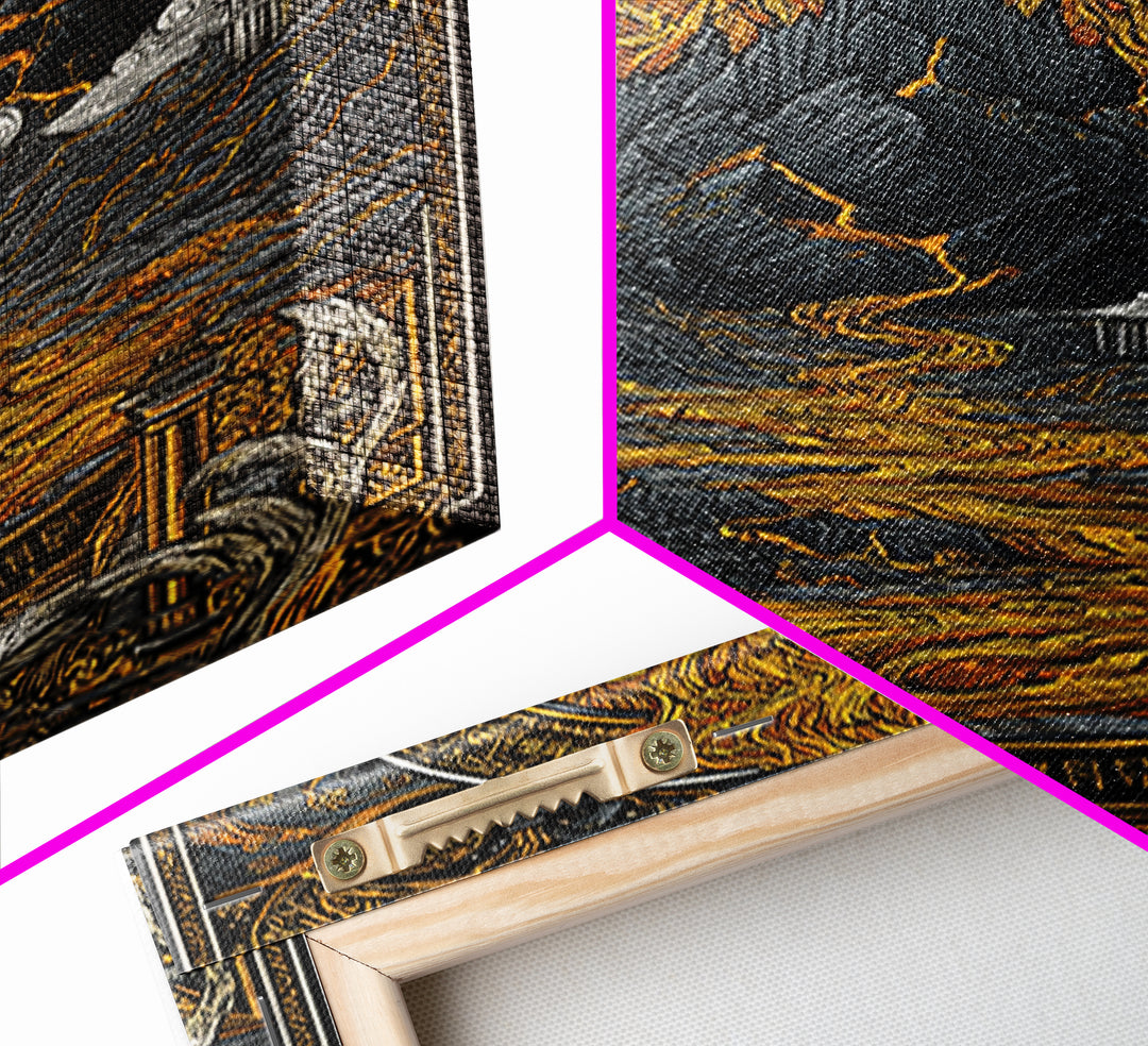 Muspelheim Fire Mountain Canvas Gold Art Canvas Art | Viking Mythology Lava Landscape Wall Art | Natural Wood Frame Included