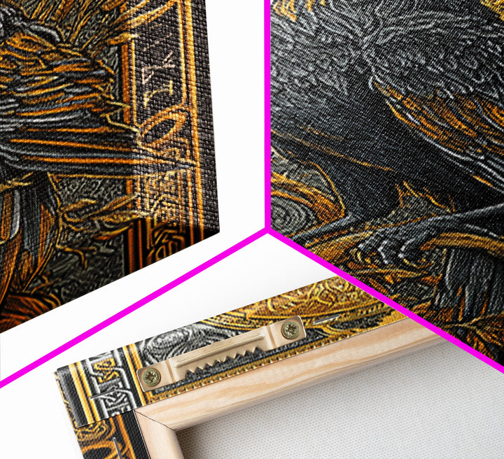 Hugin Raven Canvas Gold Art Canvas Art | Viking Odin Symbol Norse Mythology Decor | Man Cave Wall Art | Framed in Solid Wood