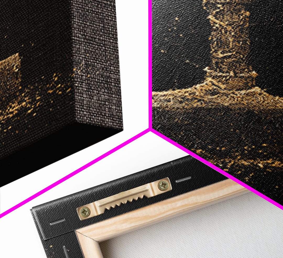 Thor’s Hammer Canvas Gold Art Canvas Art | Norse Mythology Mjölnir Wall Decor Pagan Viking Symbol | Mounted with Real Wood Frame