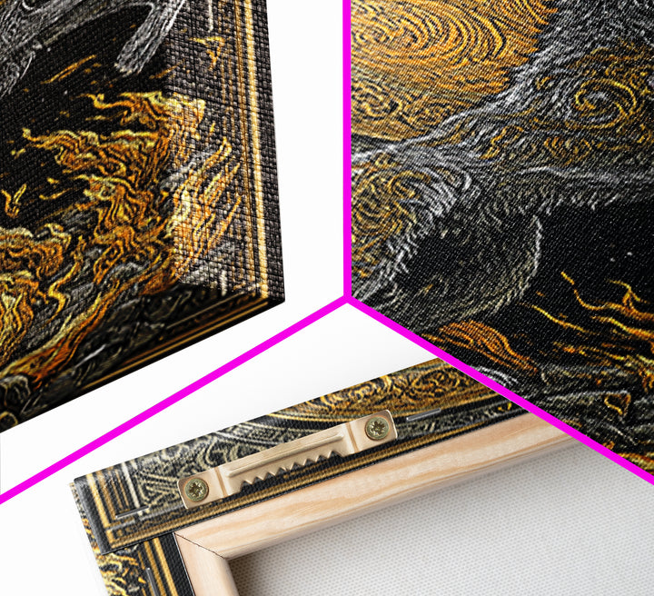 Mythic Wolf Spirit Canvas Gold Art Canvas Art | Norse Viking Wall Art Pagan Symbol Decor for Man Cave | Set with Natural Wood Frame